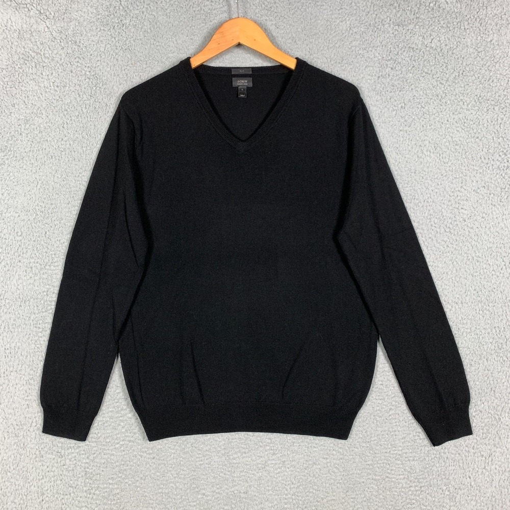 J.Crew Sweater Men's Large Black Slim Fit 100% Merino Wool V-Neck Pullover Soft